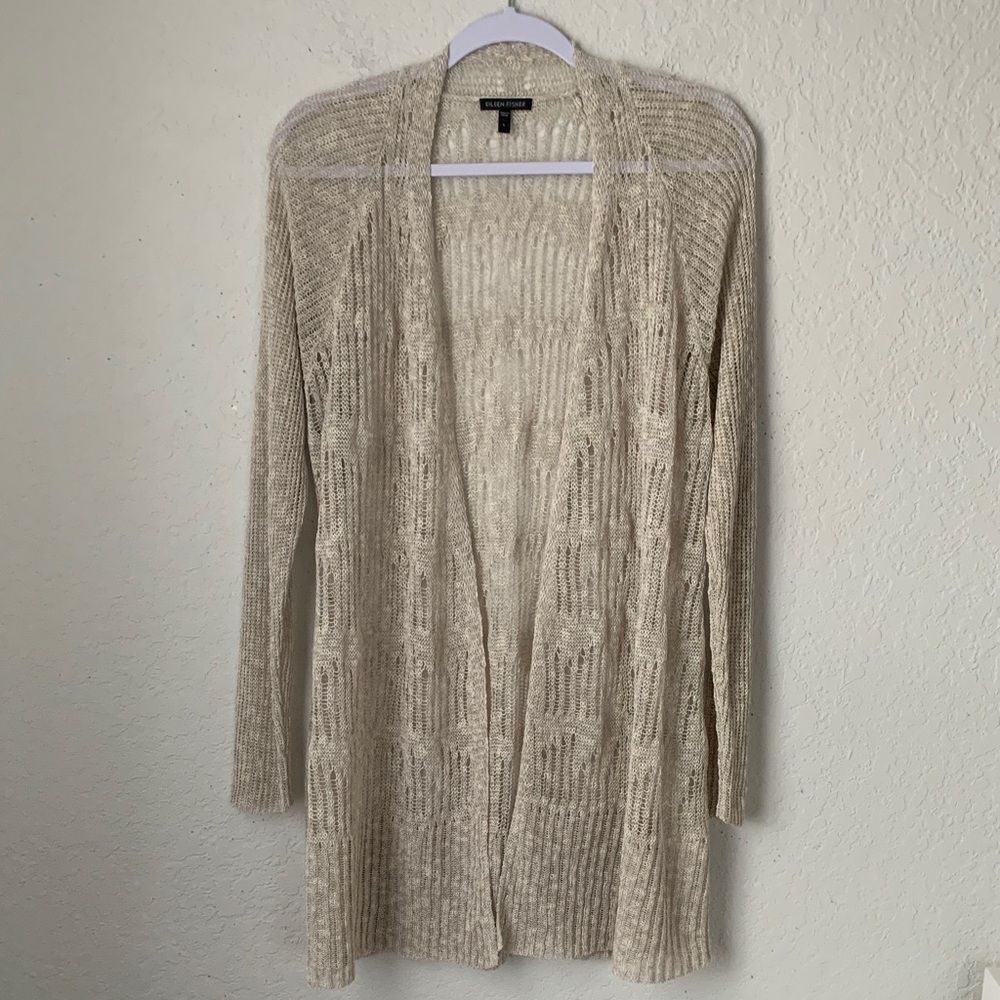 Eileen Fisher Beige Lightweight Open-Front Cardigan Linen Blend Size L
